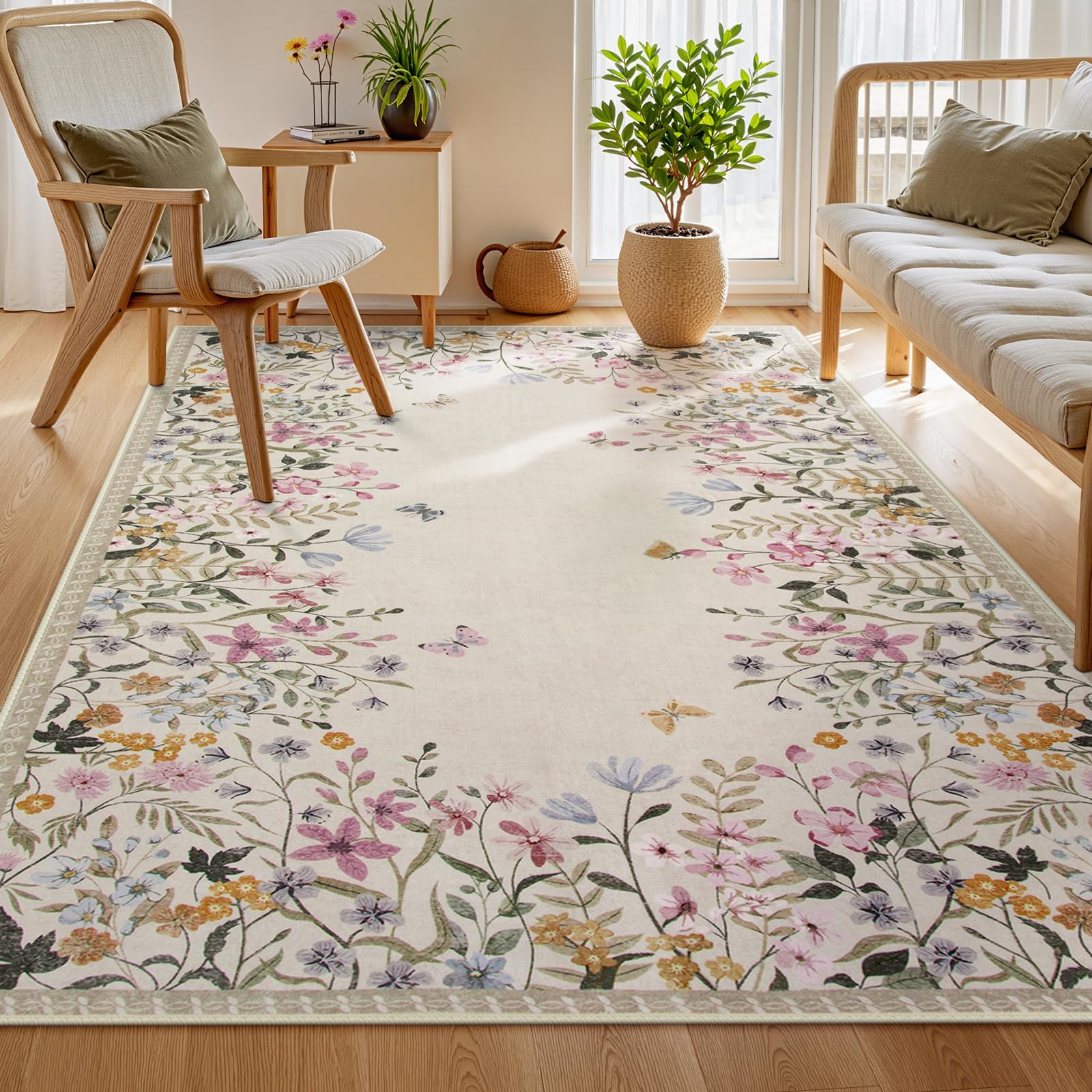 Wonnitar washable 5x7 floral area rug in beige, easy care for busy homes.