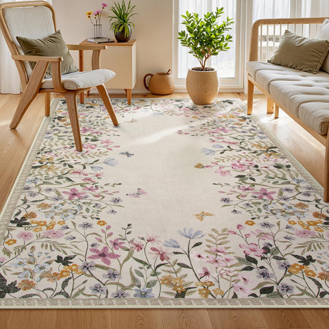 Wonnitar washable 5x7 floral area rug in beige, easy care for busy homes.