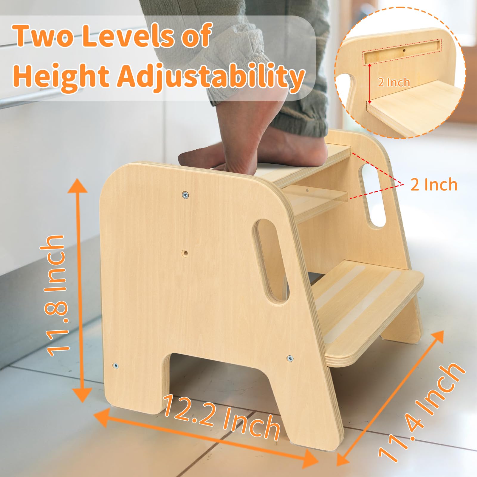 WOOD CITY Step Stool bathroom scene shows access to sinks.