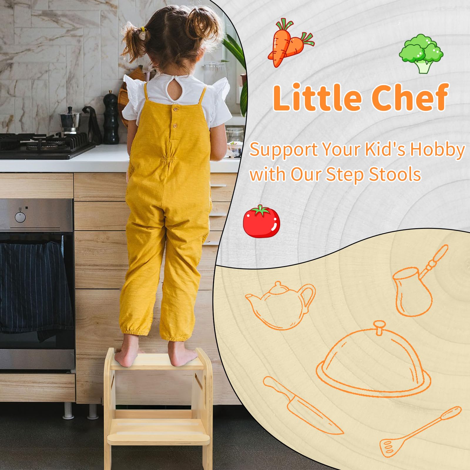 WOOD CITY Step Stool handles close-up highlights secure grip for children.
