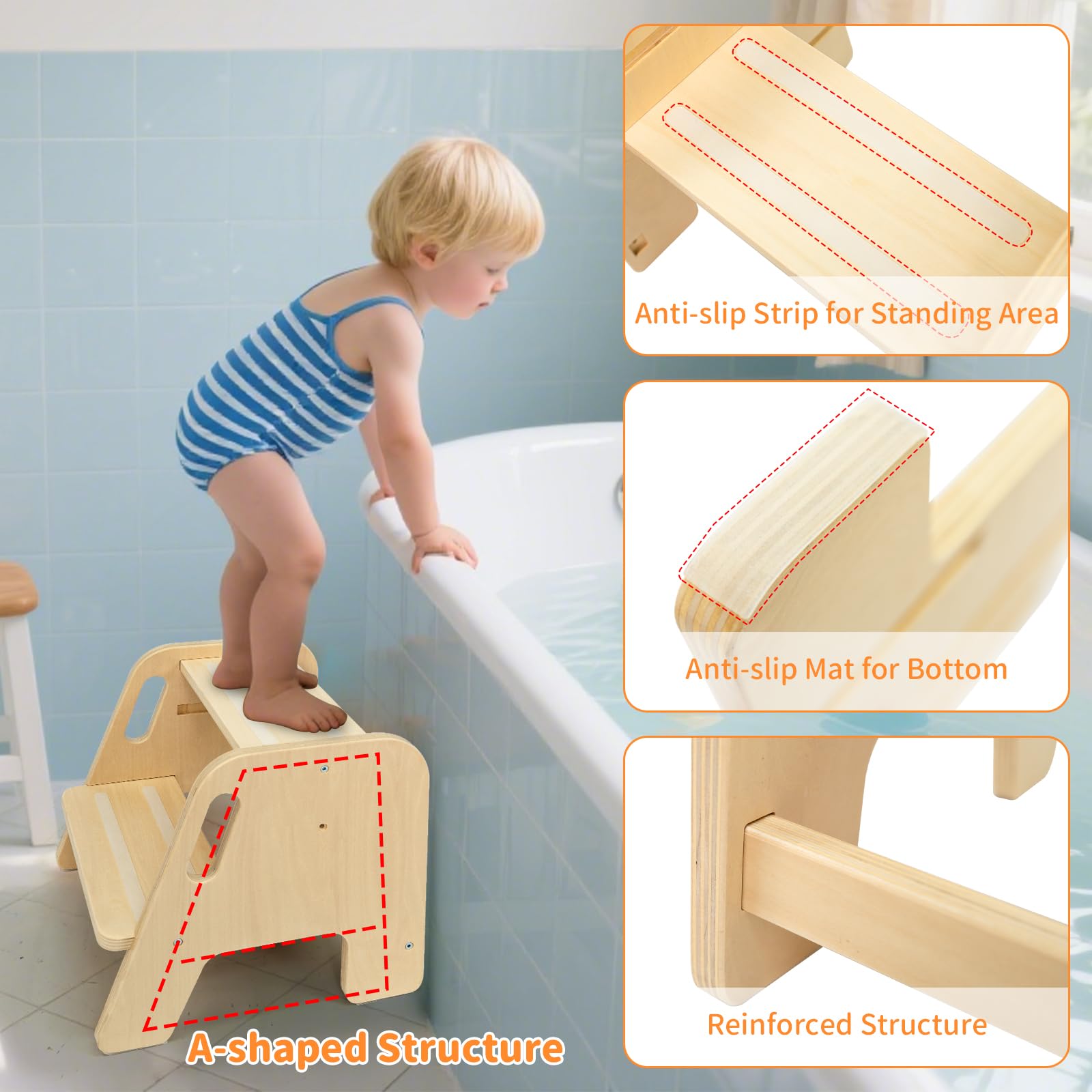 WOOD CITY Step Stool in kitchen scene demonstrates easy reach at counters.