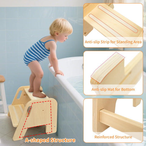 WOOD CITY Step Stool in kitchen scene demonstrates easy reach at counters.