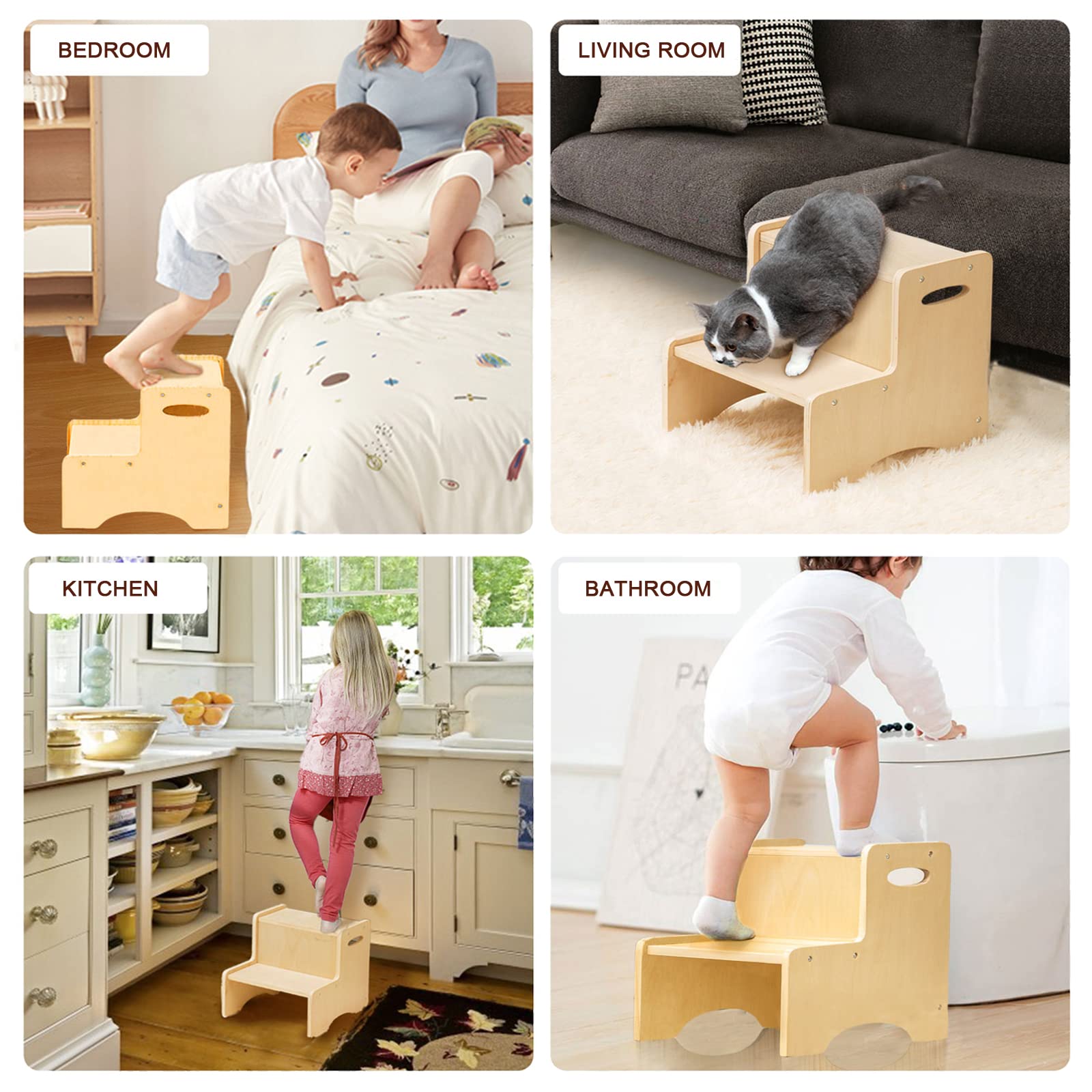 Wood City toddler step stool reaching kitchen counter for easy access