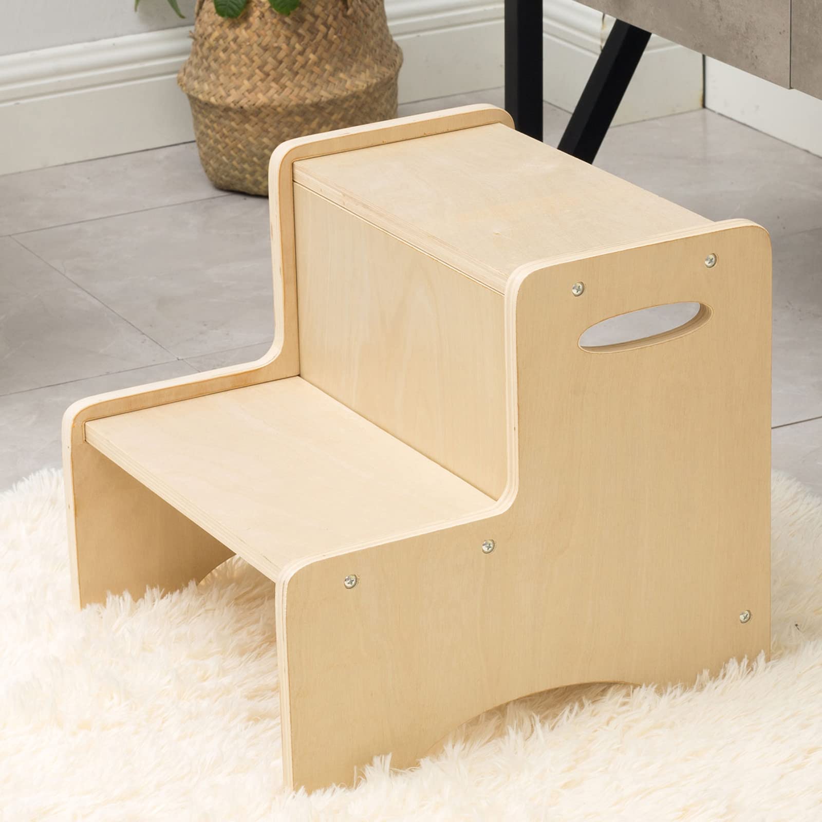 Wood City toddler step stool in natural birch finish, assembled for daily use