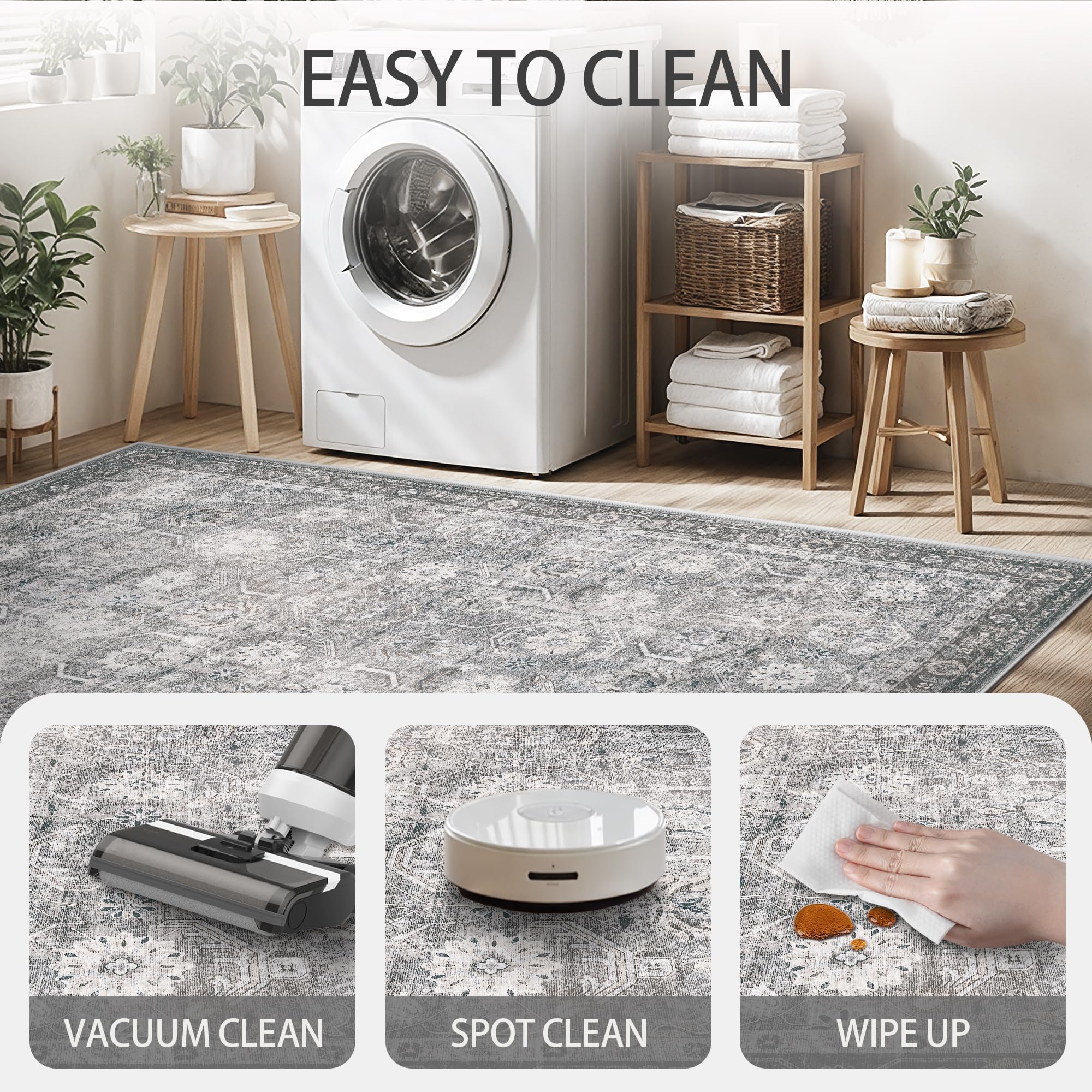 Woodbruy distressed grey rug adds vintage charm to bedrooms and dining spaces