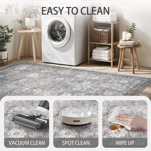 Woodbruy distressed grey rug adds vintage charm to bedrooms and dining spaces