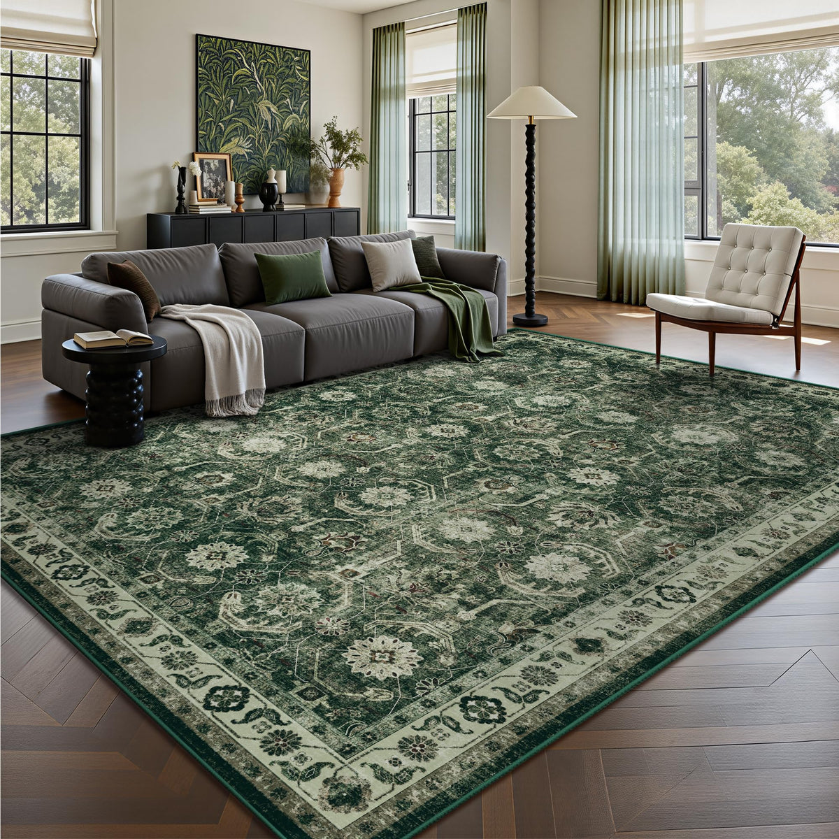 Woodbruy sage-green 5x7 rug in living room adds cozy boho-modern style.