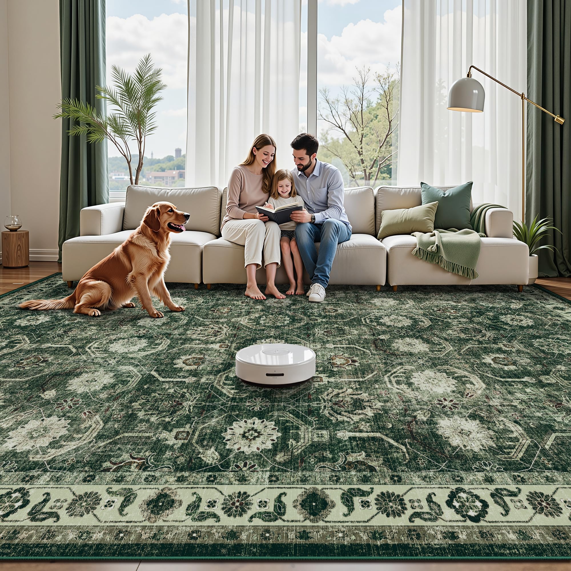 Woodbruy sage-green rug under dining table defines the space.