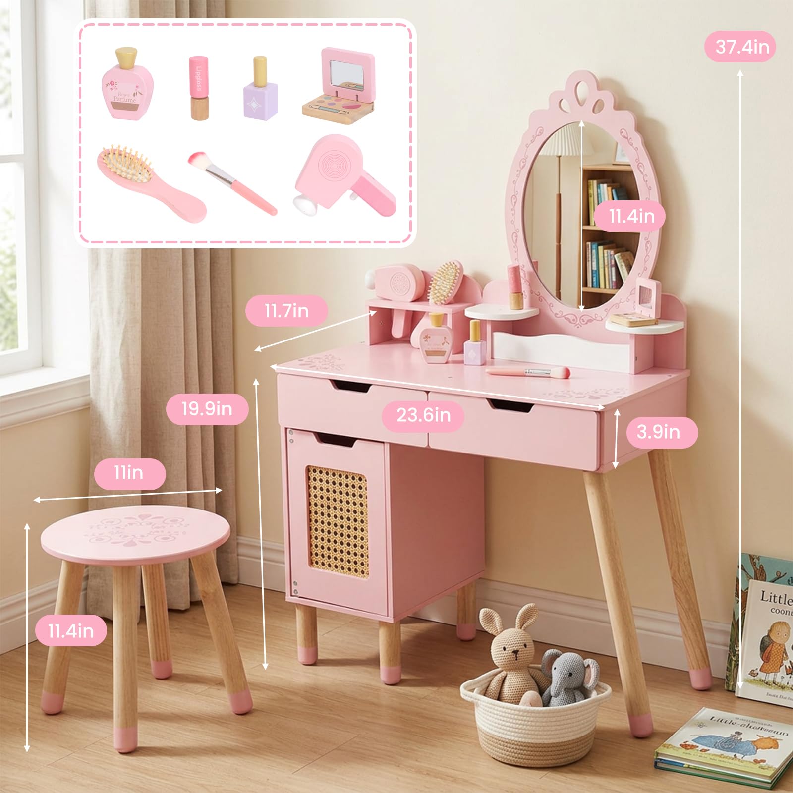 WOODENFUN kids vanity chair pink, secure seat for comfortable pretend sessions