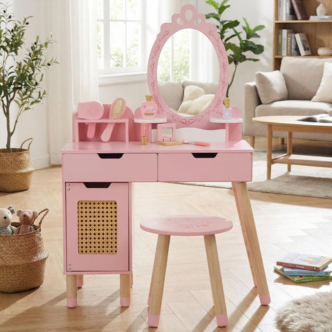 WOODENFUN kids vanity table pink, spacious surface for pretend makeup play and organization