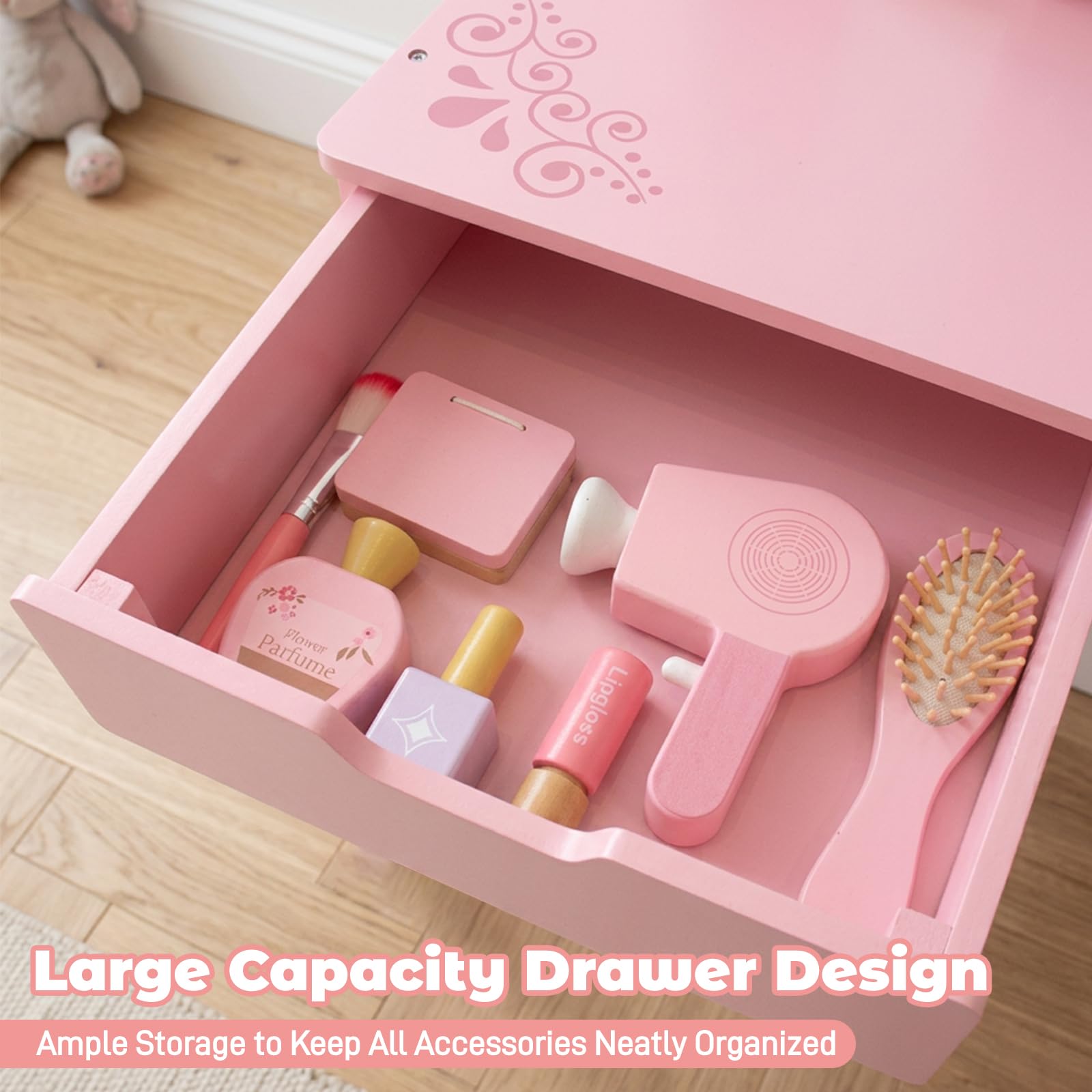 WOODENFUN vanity accessories set includes seven playful items for creative routines