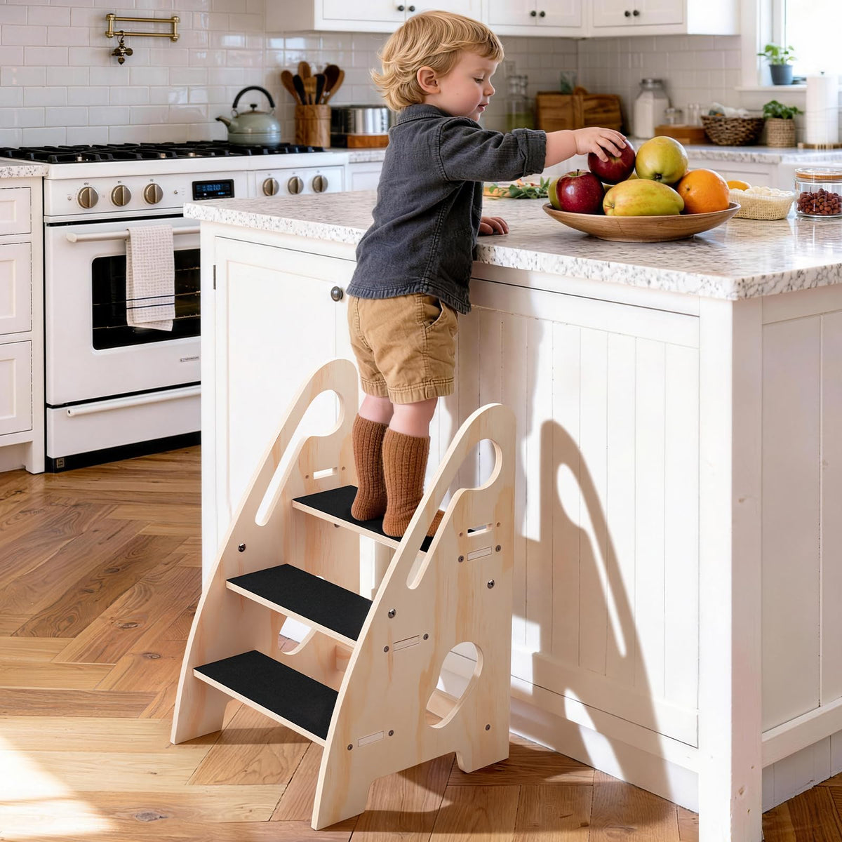 Woodever toddler step stool in 3-step design provides stable support for daily routines