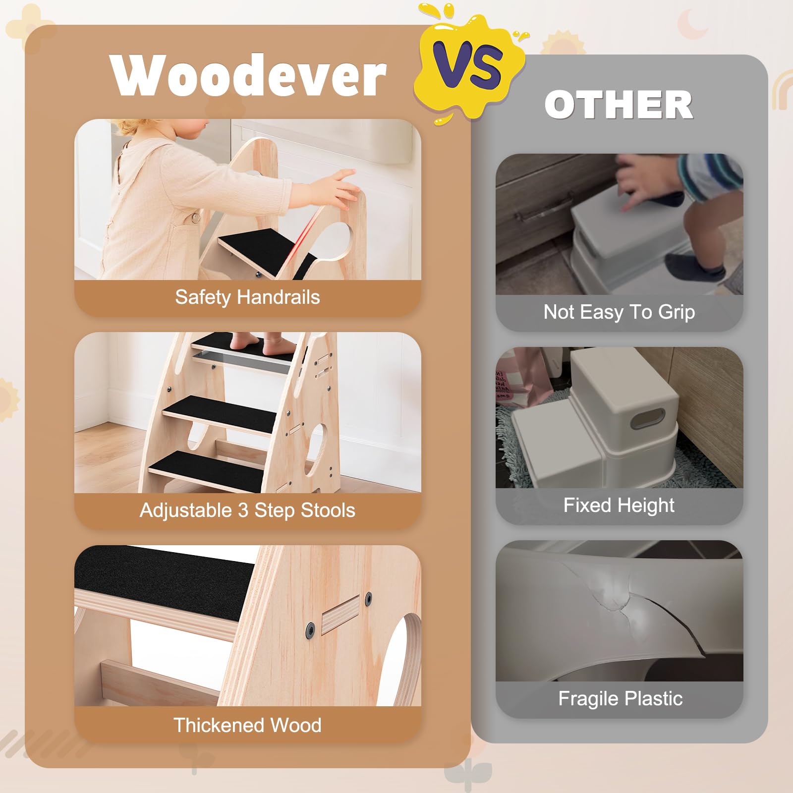 Woodever toddler stool at the sink supports hand washing and grooming