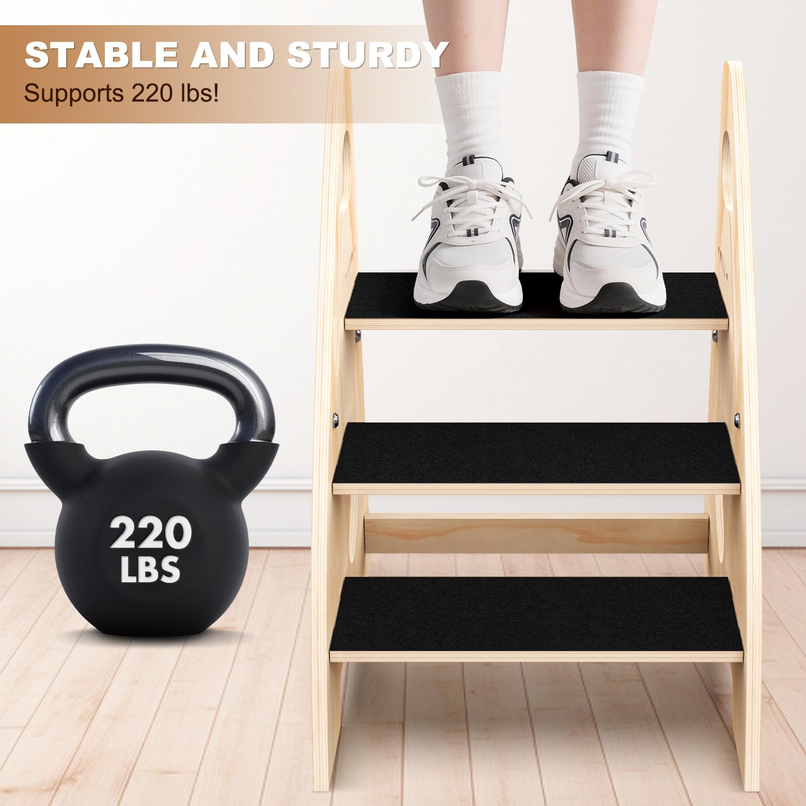 Woodever height-adjustable stool adapts from 2 to 3 steps as kids grow