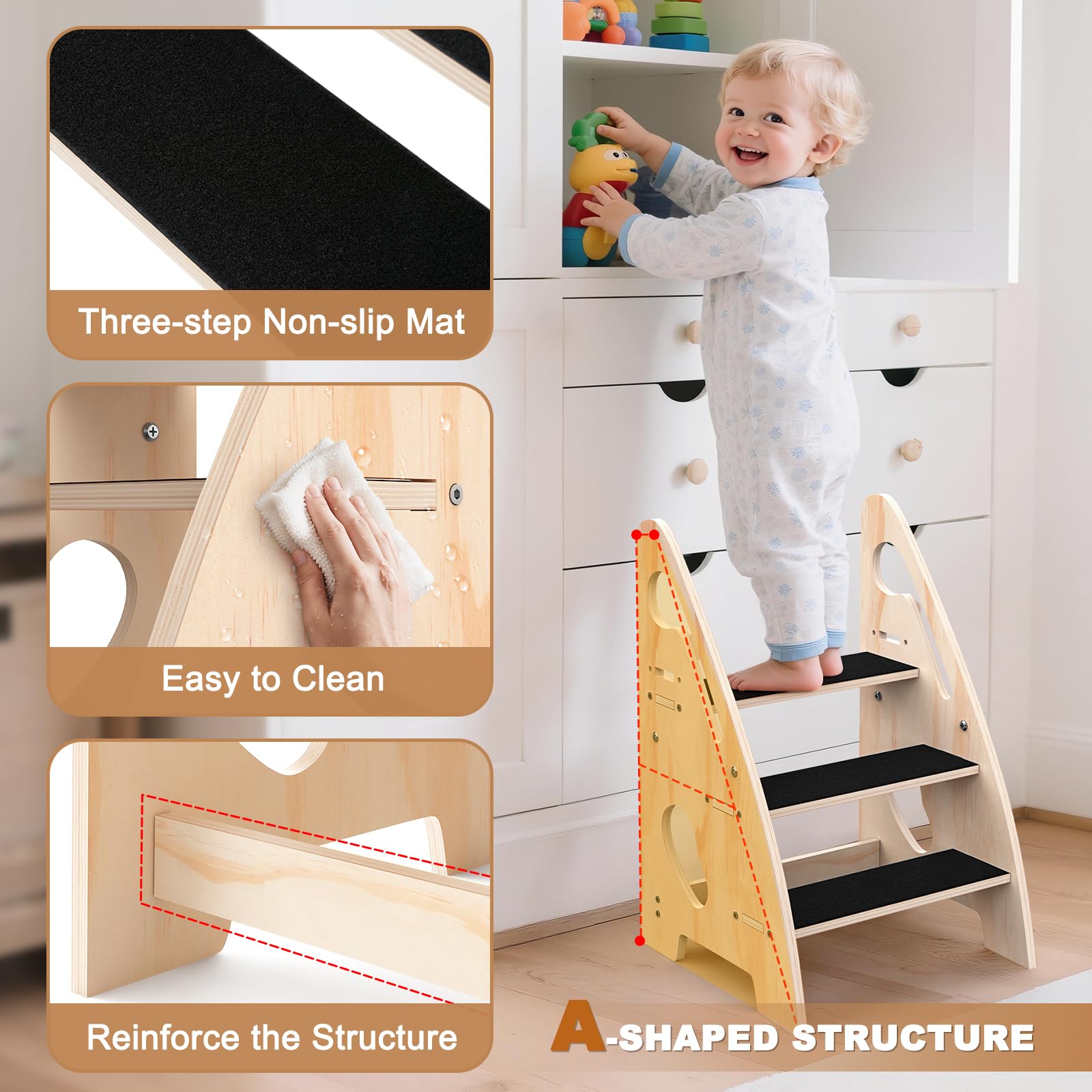 Woodever toddler stool with non-slip pads enhances bathroom safety