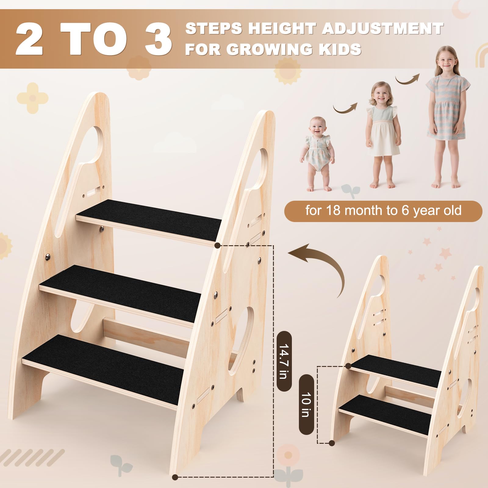 Woodever wooden step stool shown assembled as a compact, sturdy unit