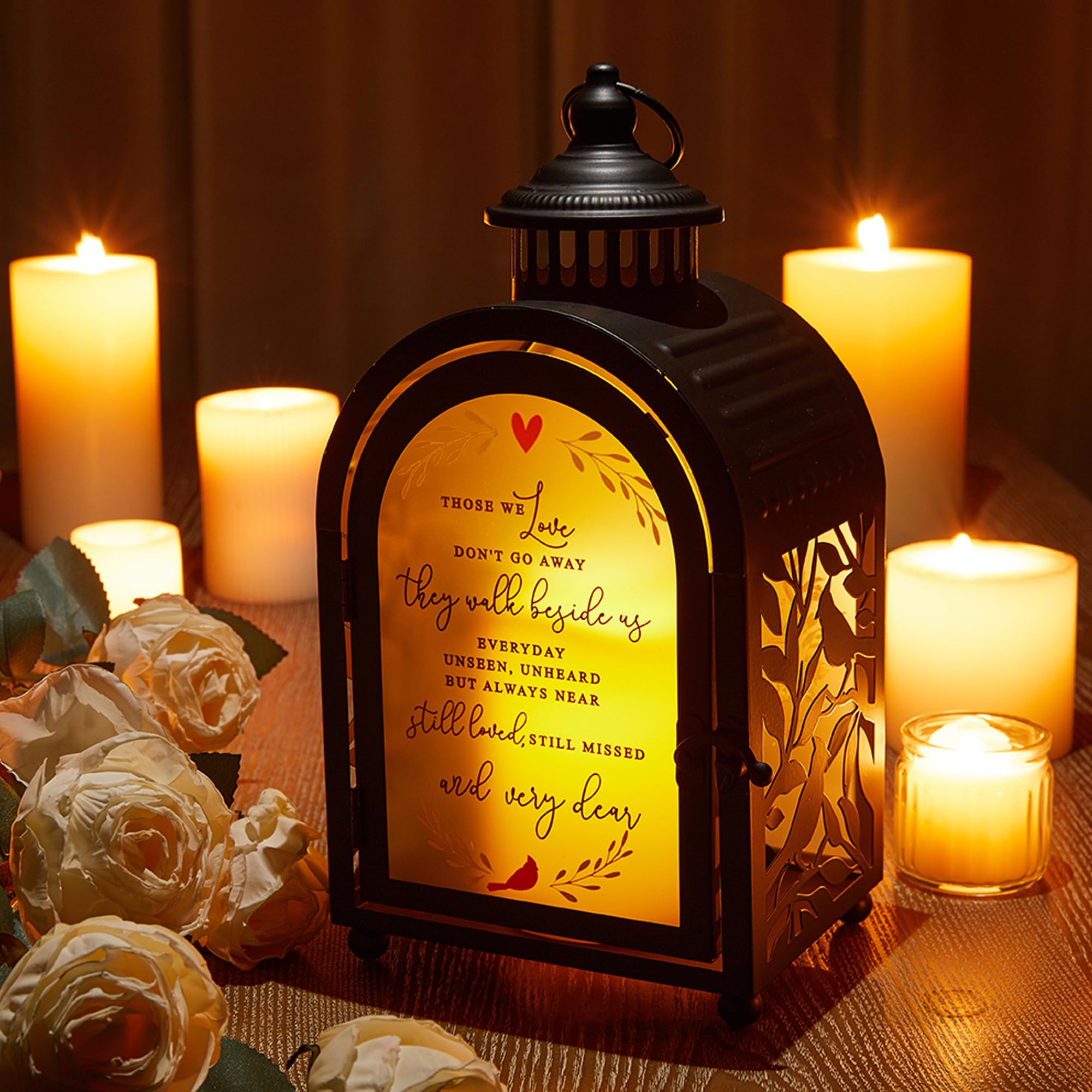 Woodexpe Sympathy Memorial Lantern back panel displays heartfelt message for grieving spaces.