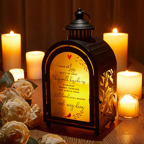 Woodexpe Sympathy Memorial Lantern back panel displays heartfelt message for grieving spaces.