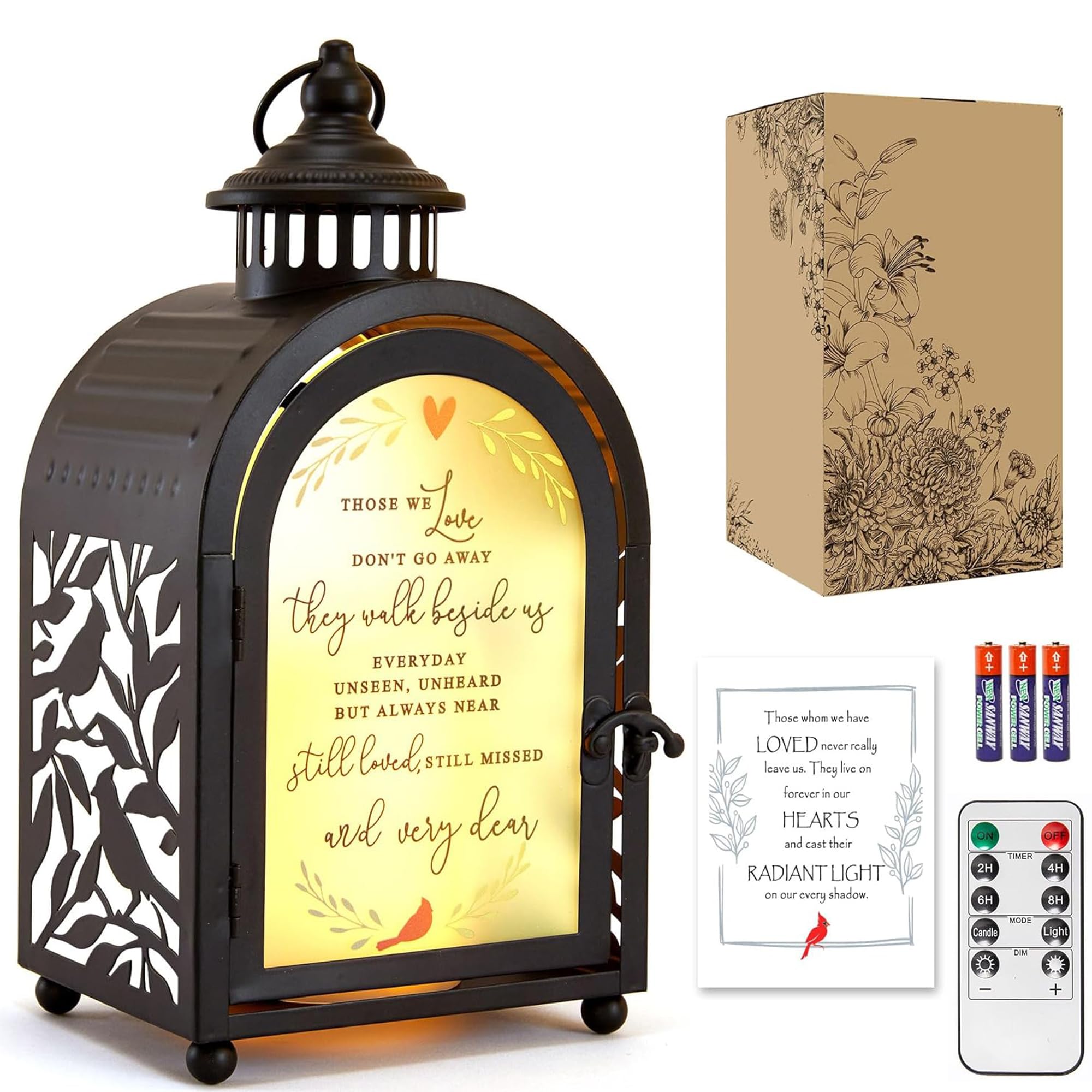 Woodexpe Sympathy Memorial Lantern front view with cardinal artwork for comforting remembrance.