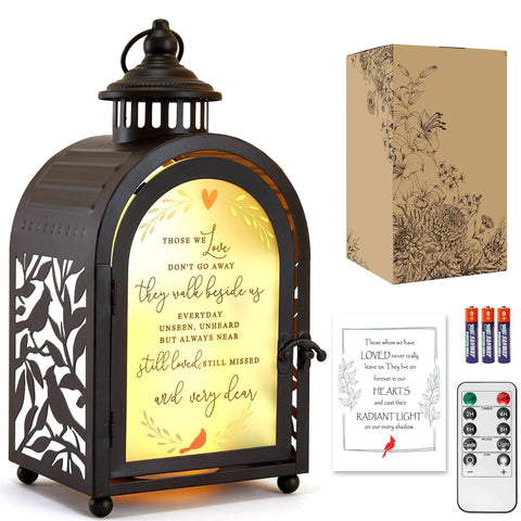 Woodexpe Sympathy Memorial Lantern front view with cardinal artwork for comforting remembrance.
