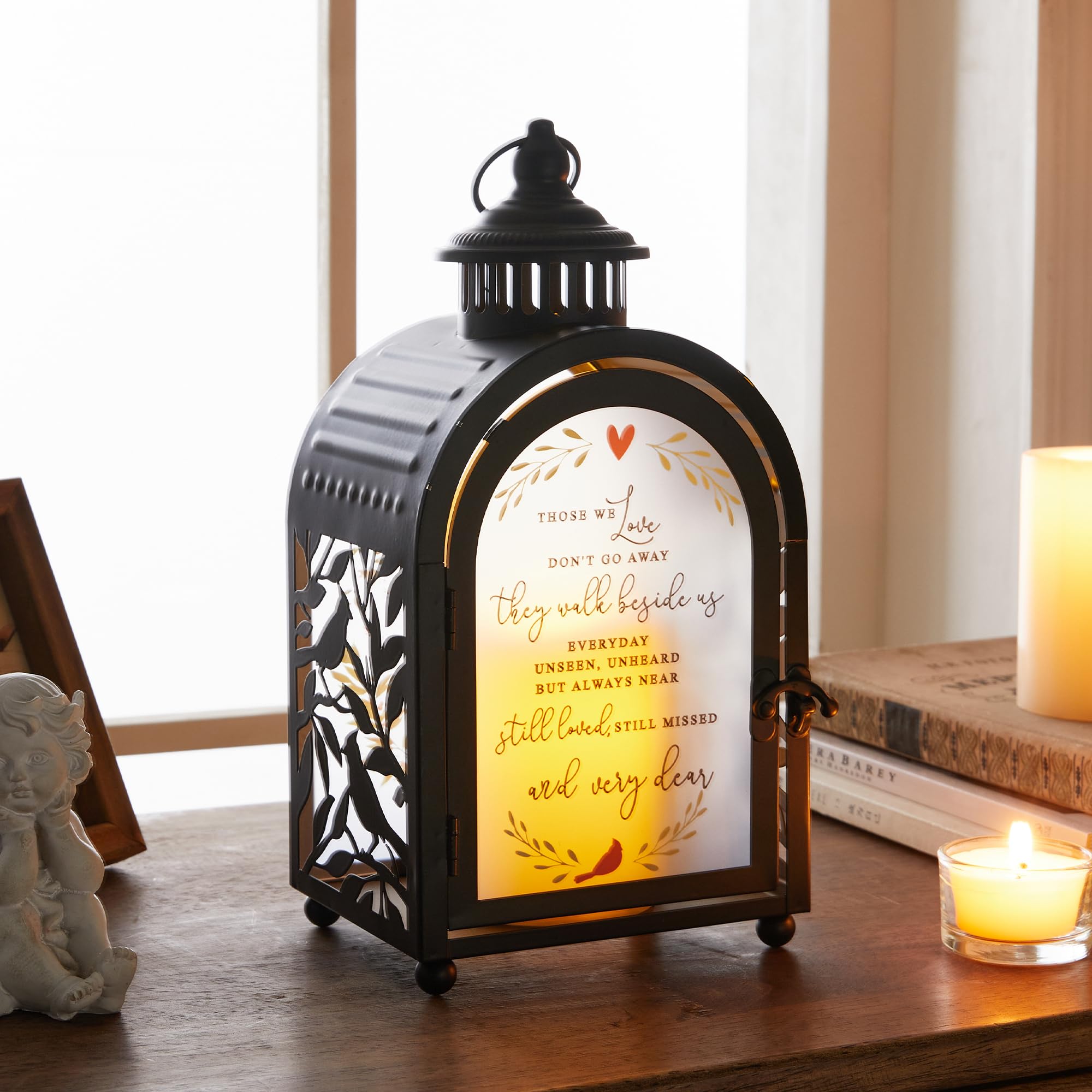 Woodexpe Sympathy Memorial Lantern lit with flickering LED for warm ambience.