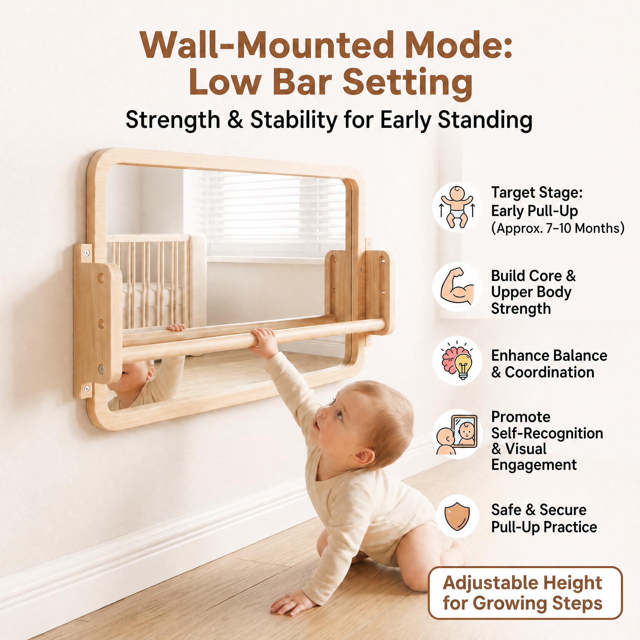 Woodtoe mirror with shatterproof acrylic and rounded edges for safe play