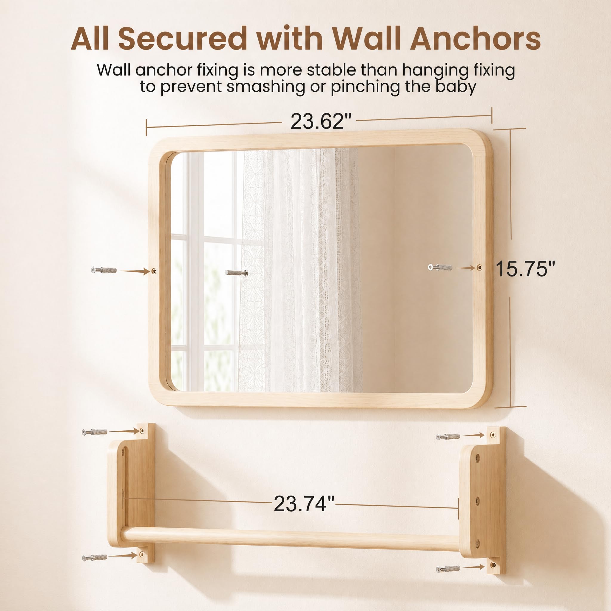 Woodtoe Montessori mirror with adjustable pull-up bar supporting early steps