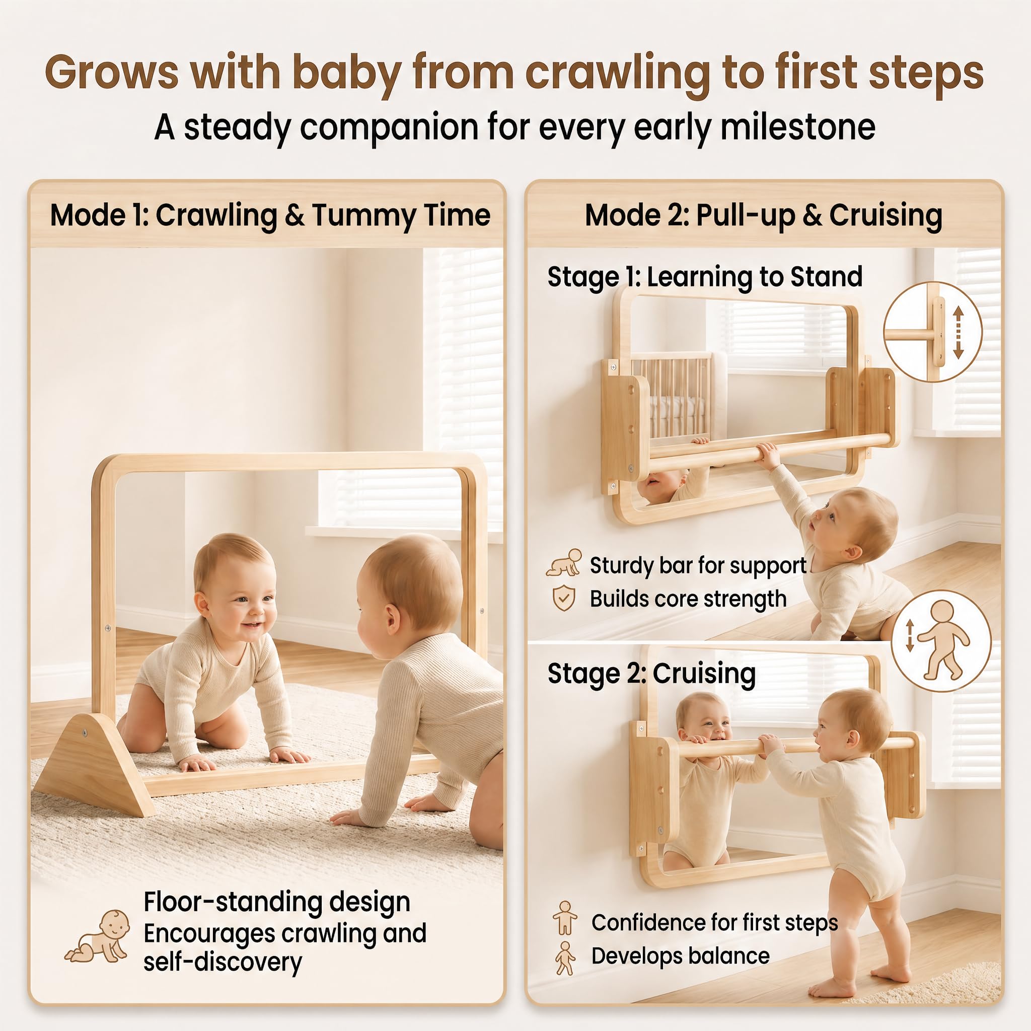 Woodtoe mirror mounted horizontally for standing practice and self-discovery