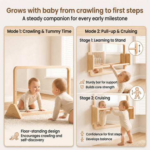 Woodtoe mirror mounted horizontally for standing practice and self-discovery