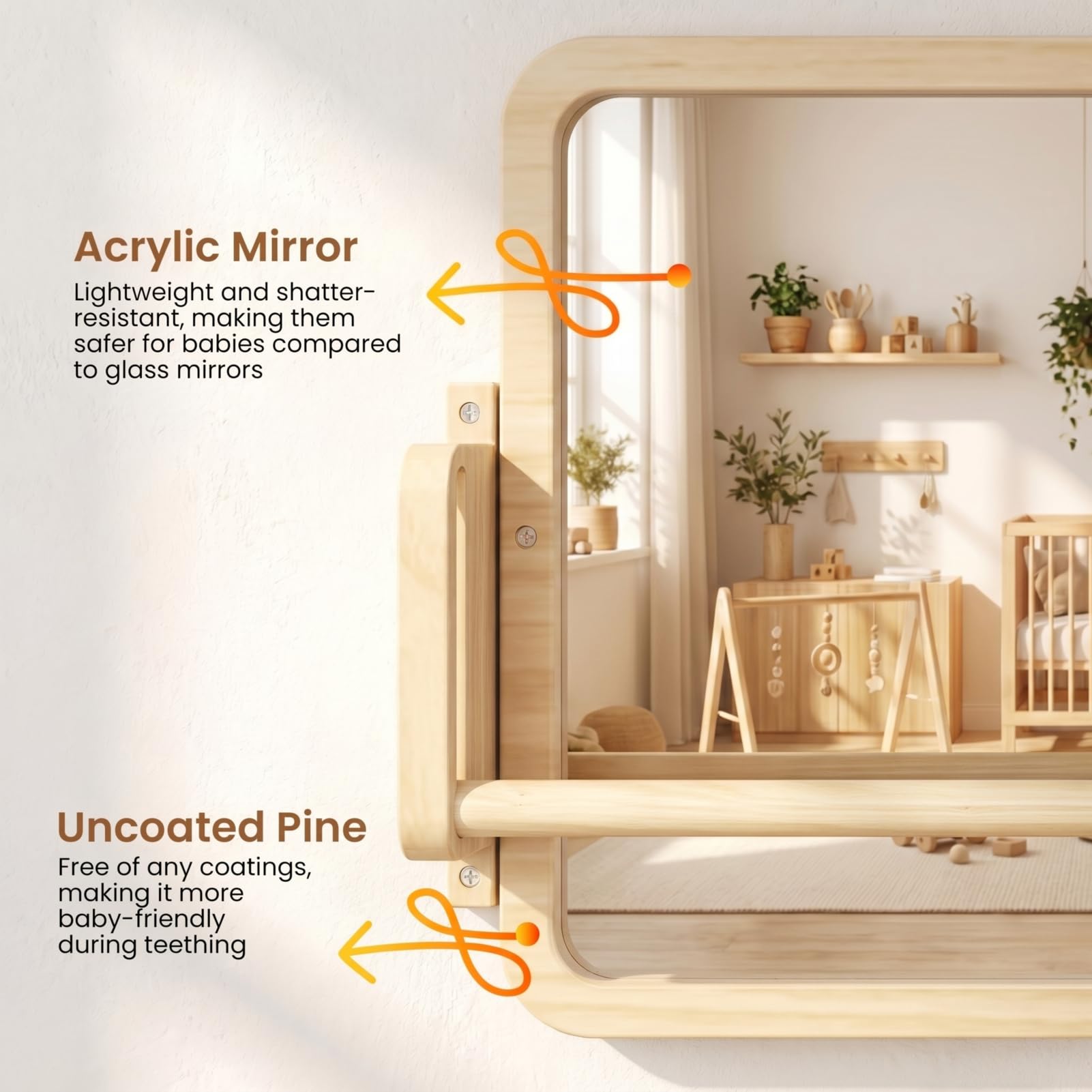 Woodtoe mirror mounted vertically for dressing play and orientation