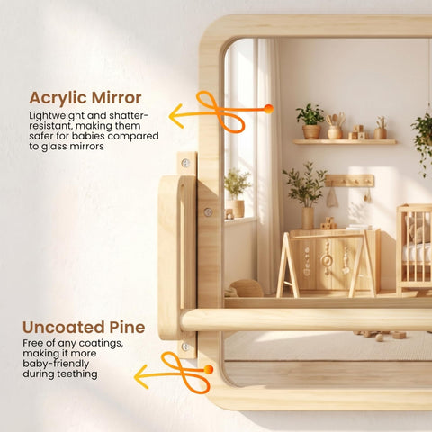 Woodtoe mirror mounted vertically for dressing play and orientation