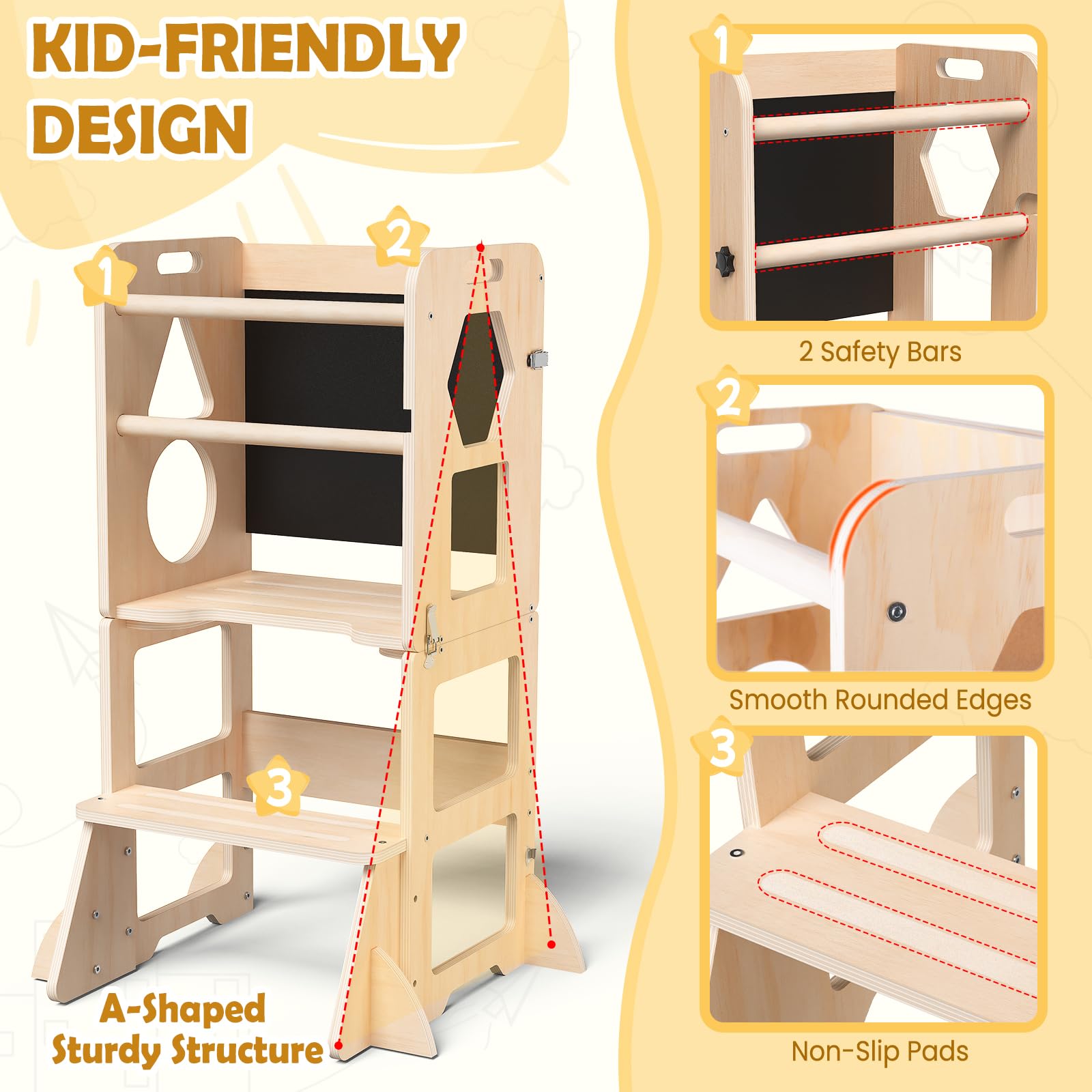 Woodure 4-in-1 toddler kitchen step stool with blackboard for creative drawing.