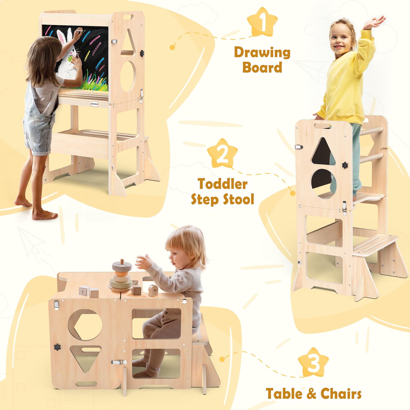 Woodure step stool converts to a table and chair for activities.