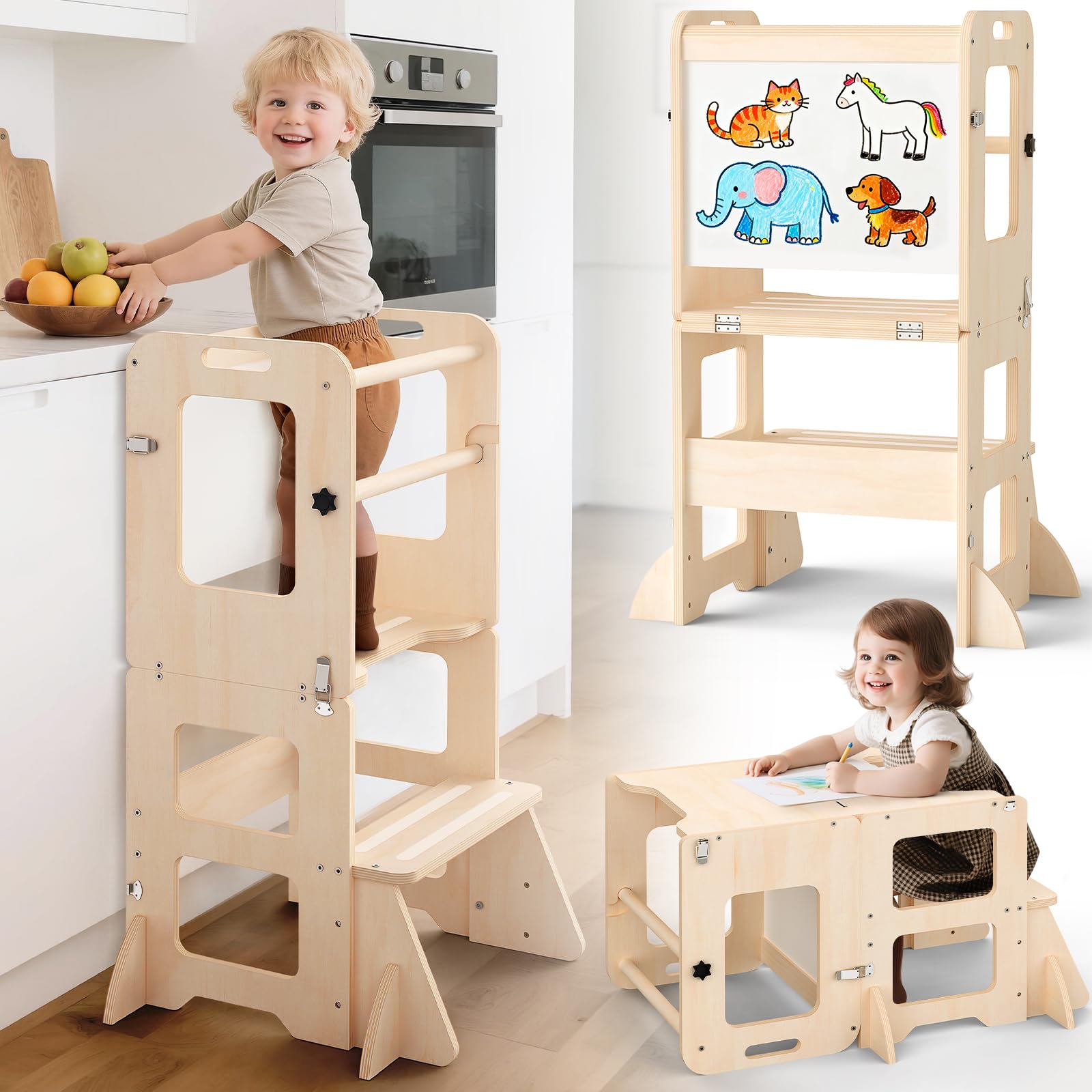 Woodure 4-in-1 toddler kitchen step stool ready to support safe kitchen tasks.