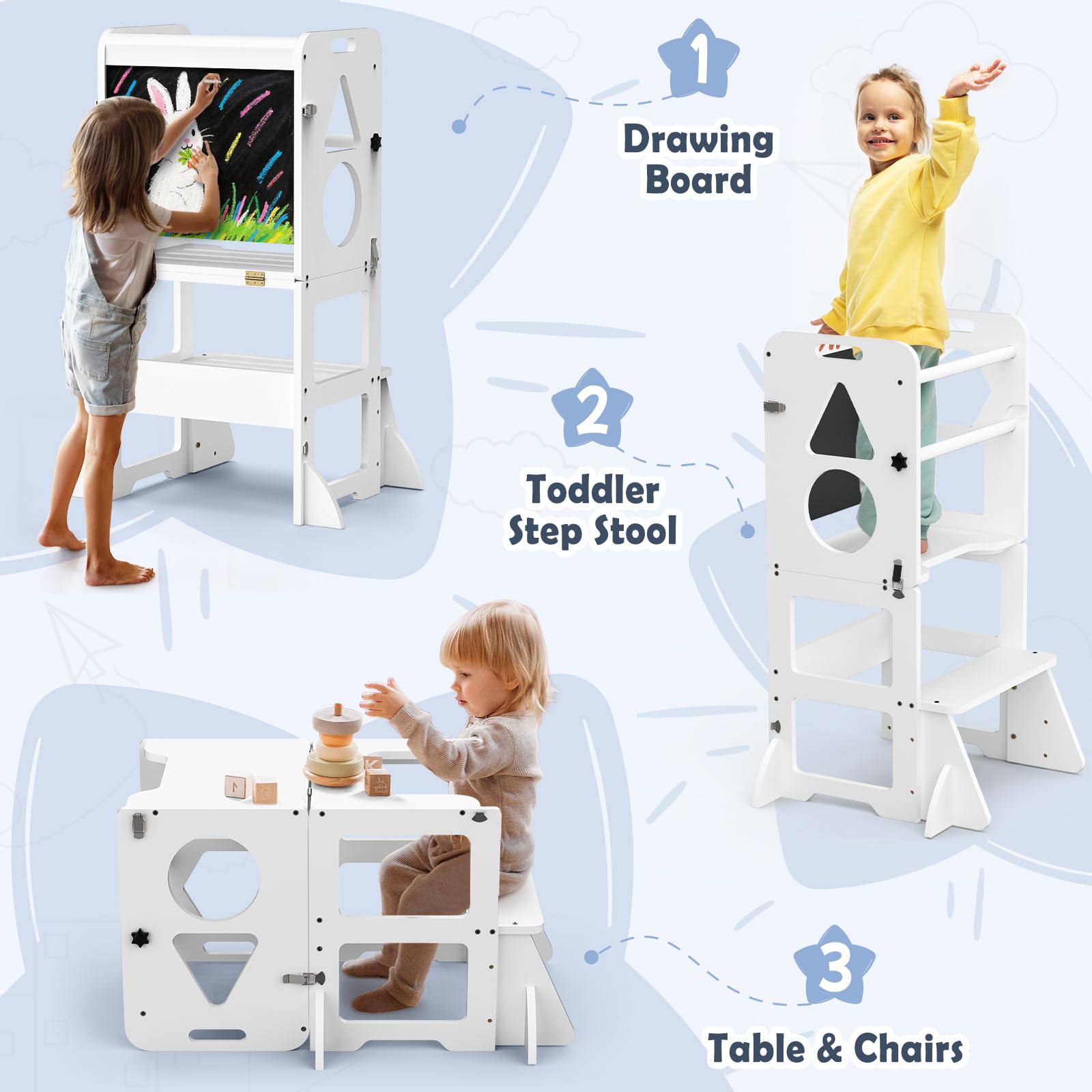 Woodure 4-in-1 converts to table and chair for activities.