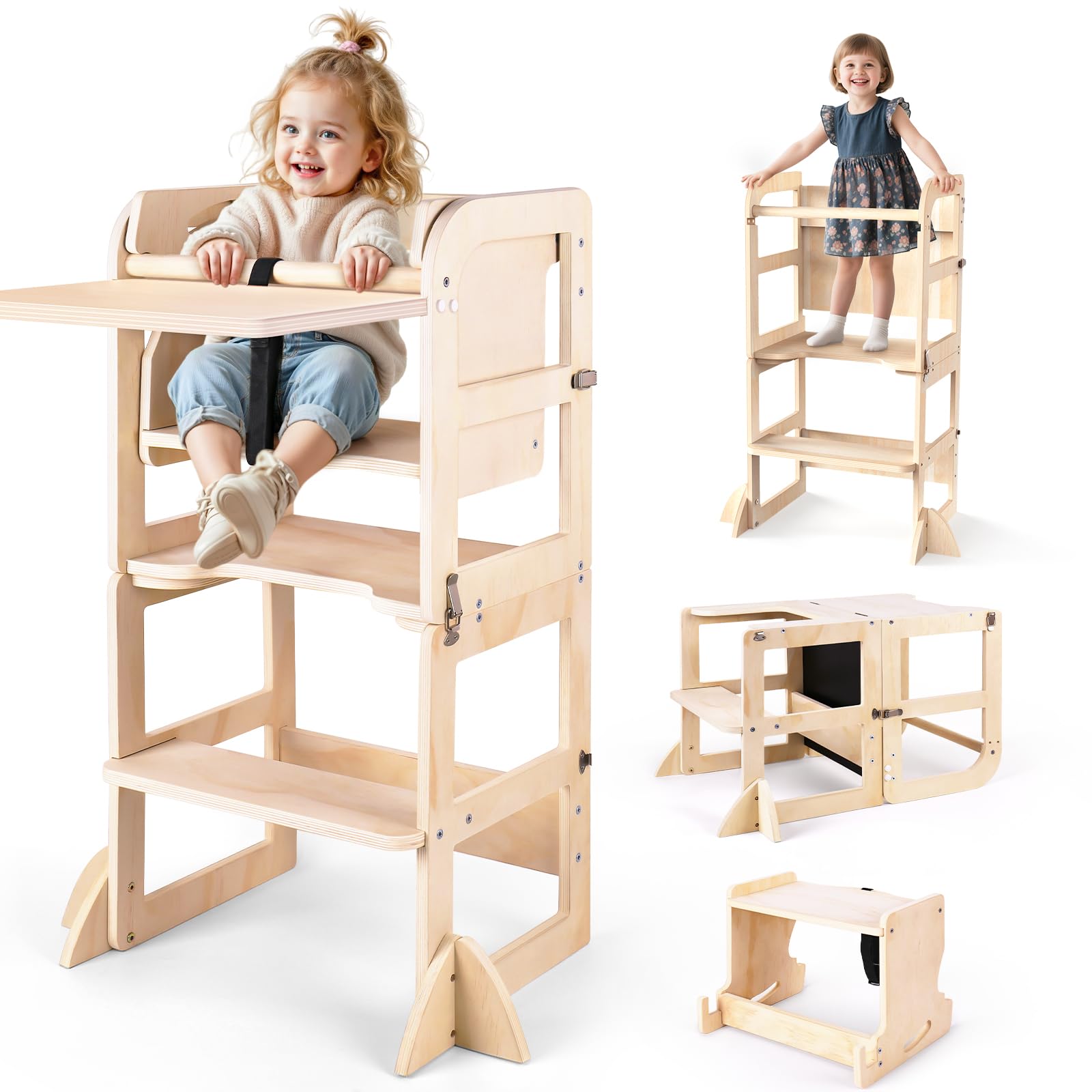 Woodure 6-in-1 step stool front view highlighting stable A-frame for toddlers