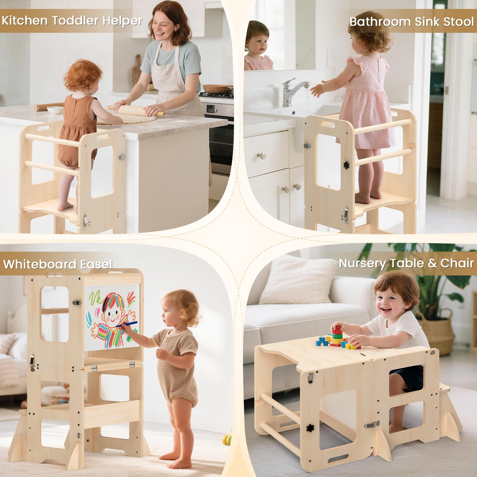 Woodure foldable design saves space between activities and meals.
