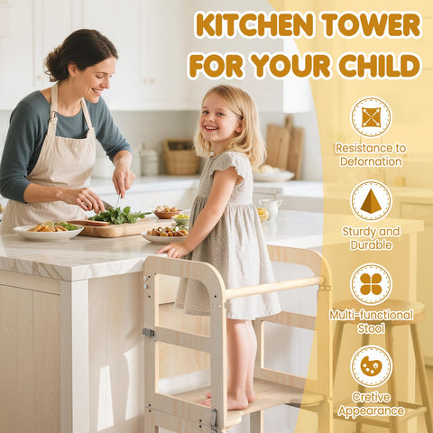Woodure kitchen tower used by toddler at counter for helping tasks
