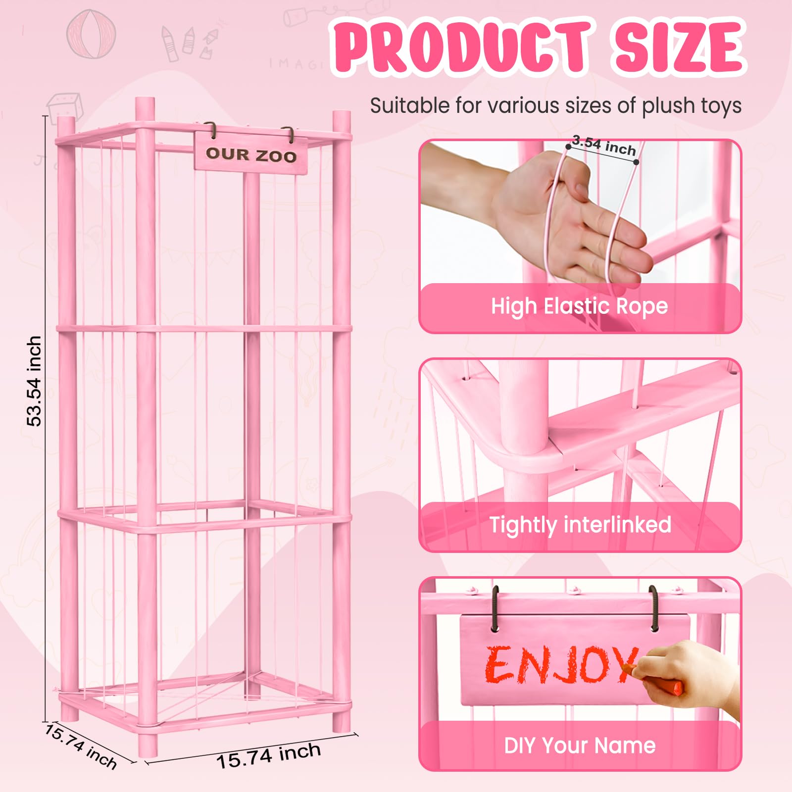 Woodure large-capacity organizer holds 40+ plush toys, neatly displayed.