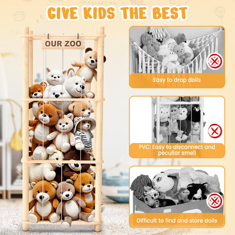 Woodure large-capacity storage holds 40+ plush toys in a dedicated space.