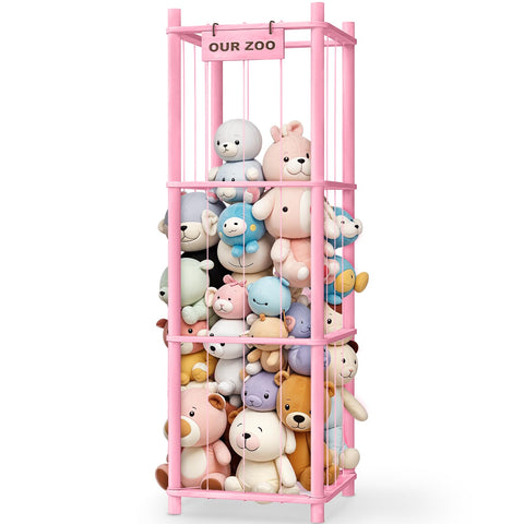 Woodure stuffed animal storage pink front view showing organized display for a tidy toddler room.