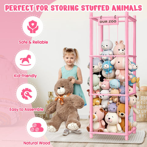 Woodure stuffed animal storage pink side view, easy access and appealing room decor.