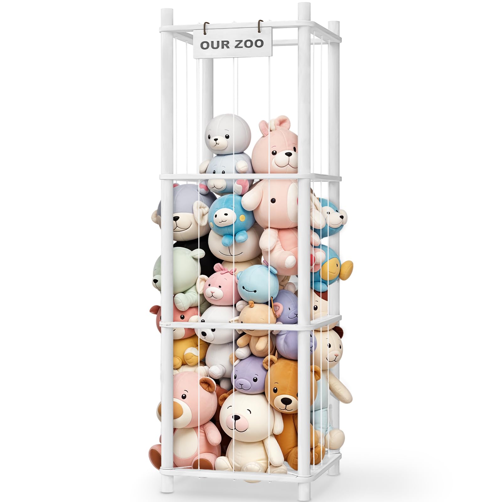 Woodure stuffed animal storage zoo assembly shows sturdy pine construction for durable toy organization.