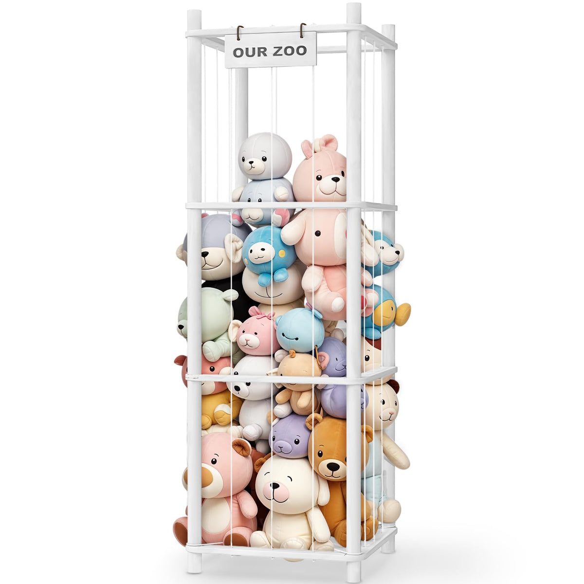 Woodure stuffed animal storage zoo assembly shows sturdy pine construction for durable toy organization.
