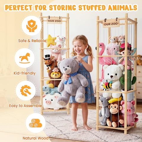Woodure stuffed animal storage zoo display in a bedroom helps tidy play areas.