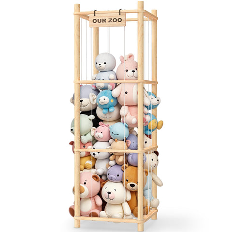 Woodure stuffed animal storage zoo front view shows organized toy display.
