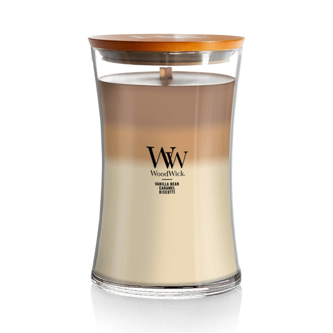 WoodWick Café Sweets Trilogy vessel closeup; layered scents unfold as you burn for evolving ambiance