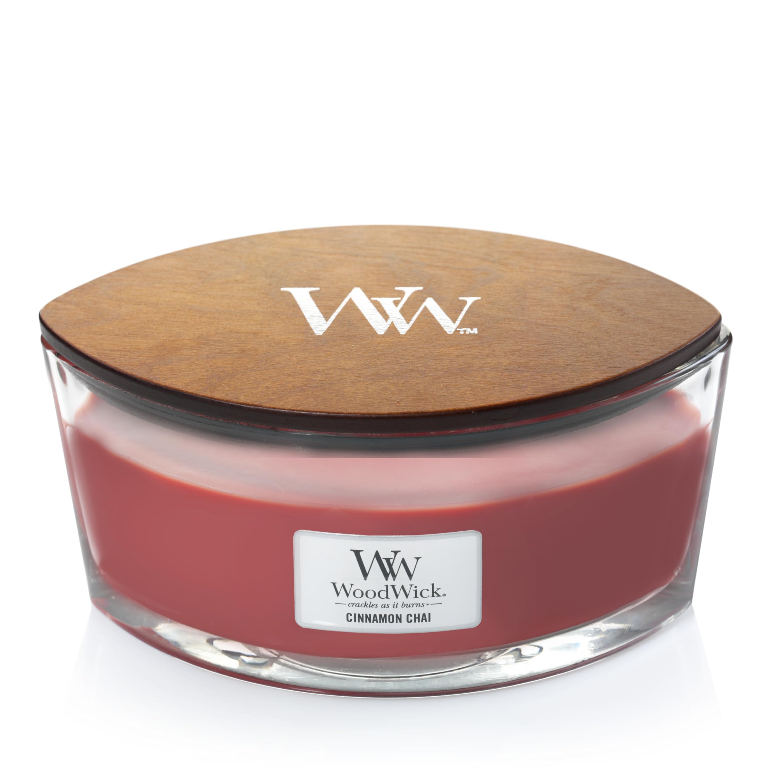 WoodWick Cinnamon Chai ellipse wax pool showing even melt and fragrance