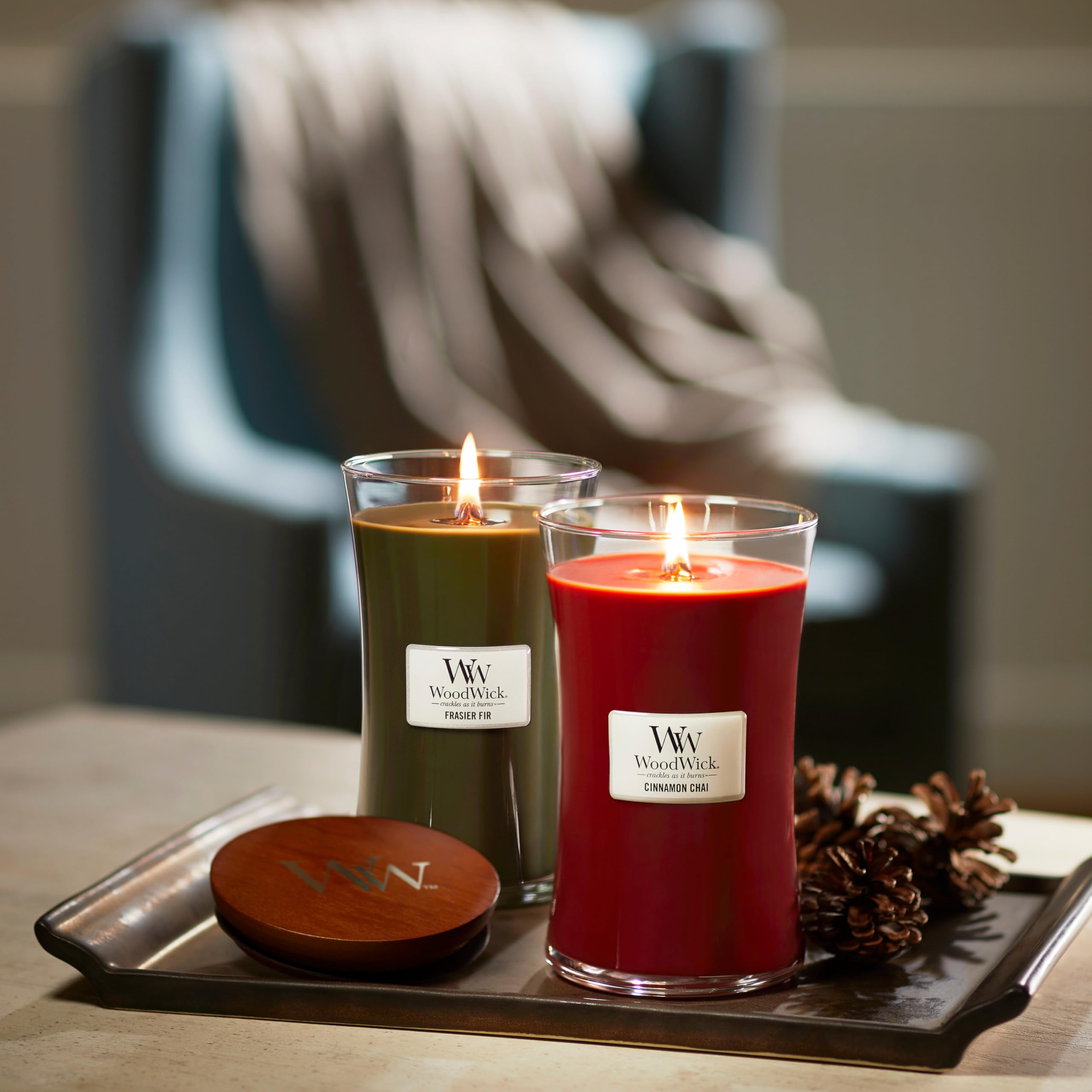 WoodWick Cinnamon Chai label and glass hourglass shape on display