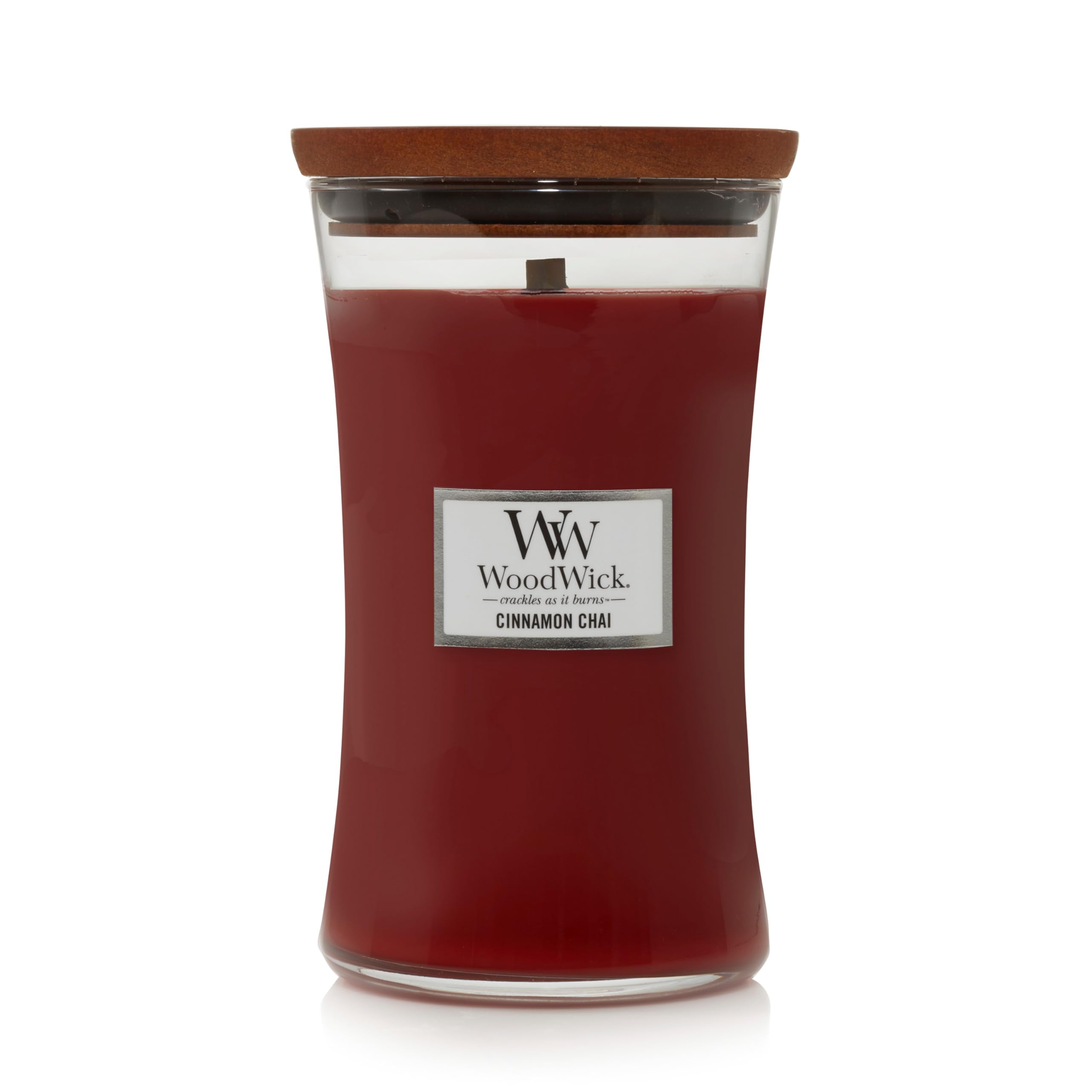 WoodWick Cinnamon Chai Large Hourglass Candle viewed front for warm ambience